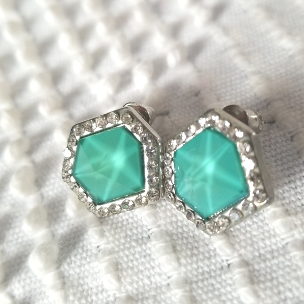 Silver-tone post asymmetrical hexagonal earrings mint green with rhinestones